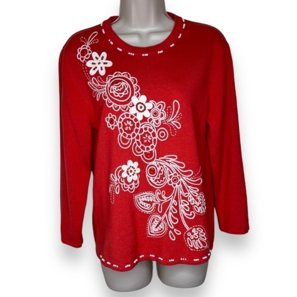 Samantha Grey Beaded Embroidered Crochet White Red Orange Sweater Women Medium